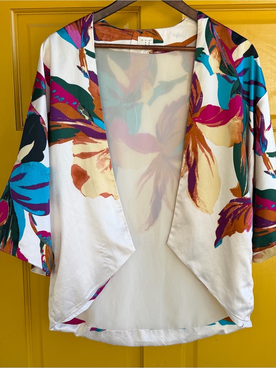 no brand Jackets & Blazers - White Floral Satiny Kimono Jacket with Bright Multicolor Print